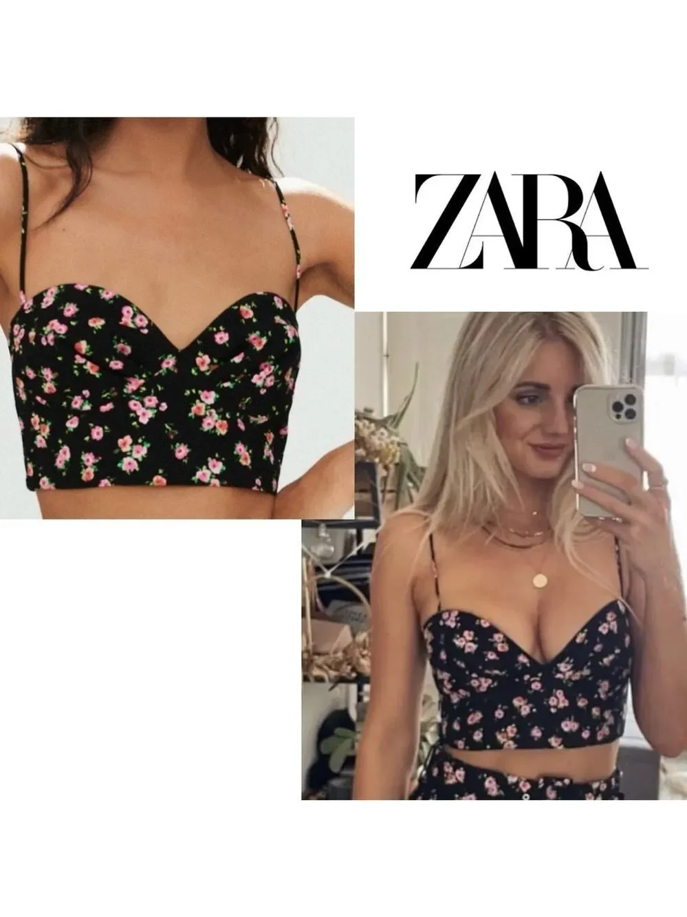 Zara black pink floral flower sweetheart spaghetti strap bustier crop top Sz XL - Picture 8 of 8